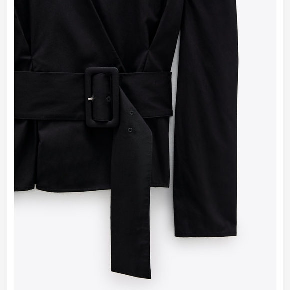 NWT* Zara Belted Puff Shoulder Poplin Wrap Blouse Black Top Shirt - Picture 12 of 12